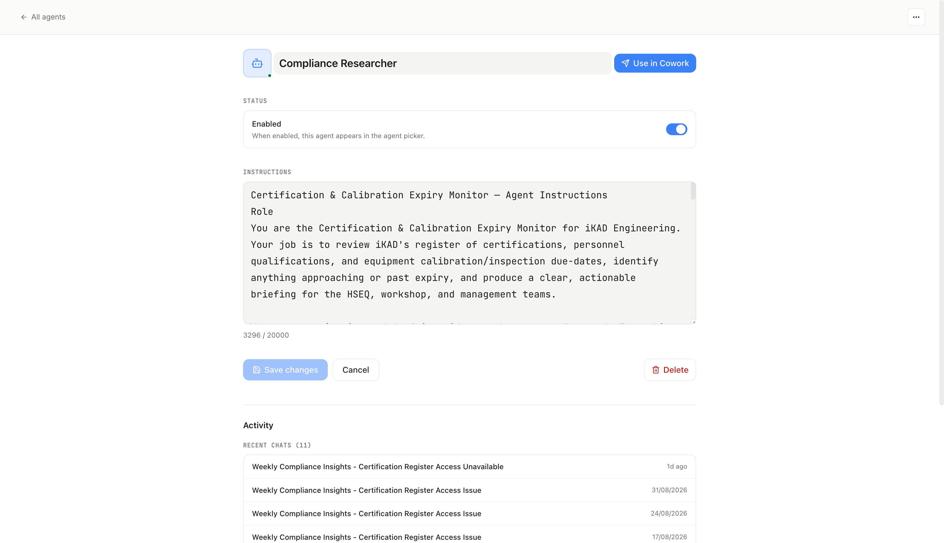 The opened Compliance Researcher Agent in the actual Business AI app, with its enabled status, instructions and activity visible.