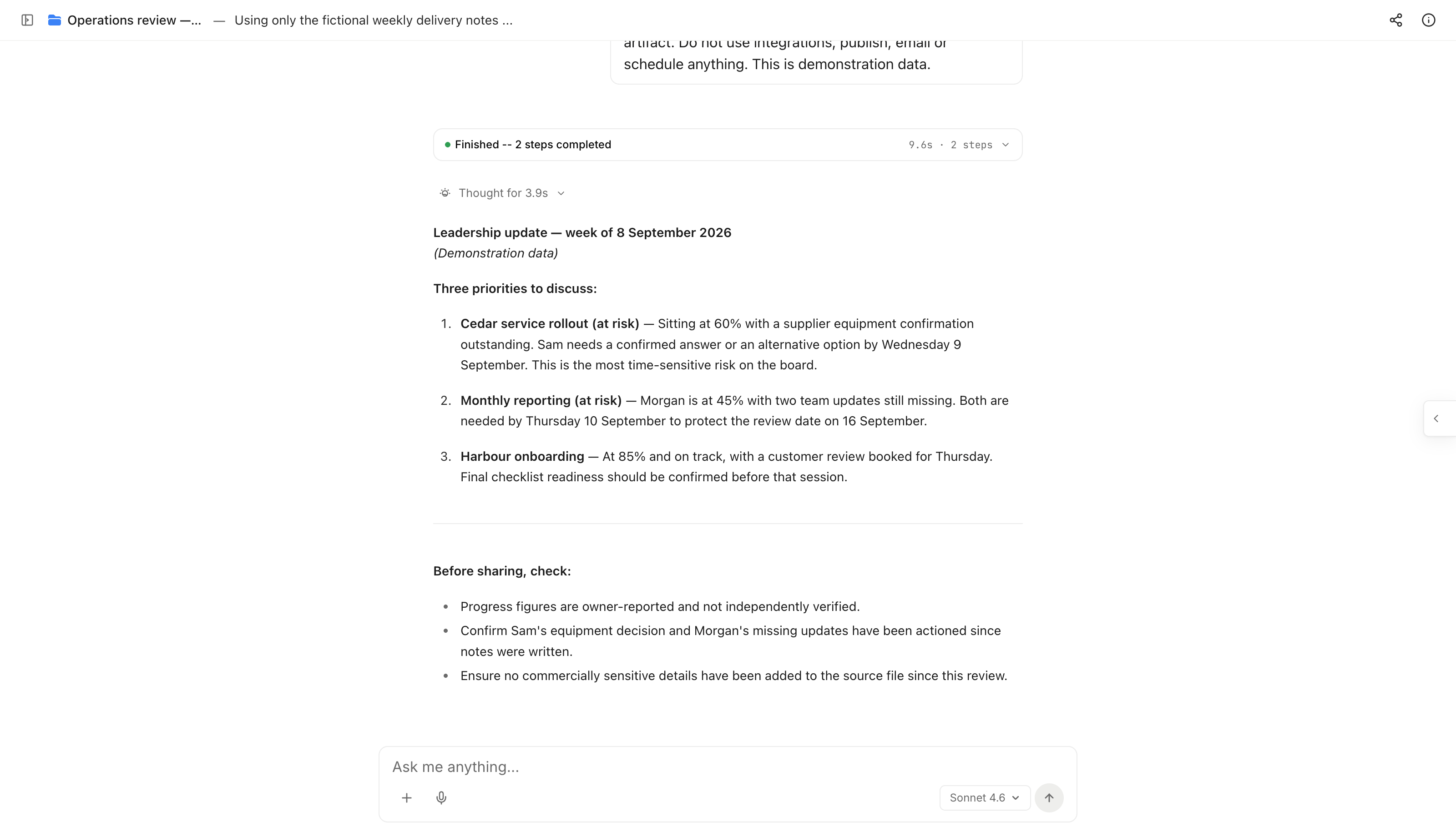 A Cowork conversation in the AI platform workspace, with the response visible and no artifact panel open.