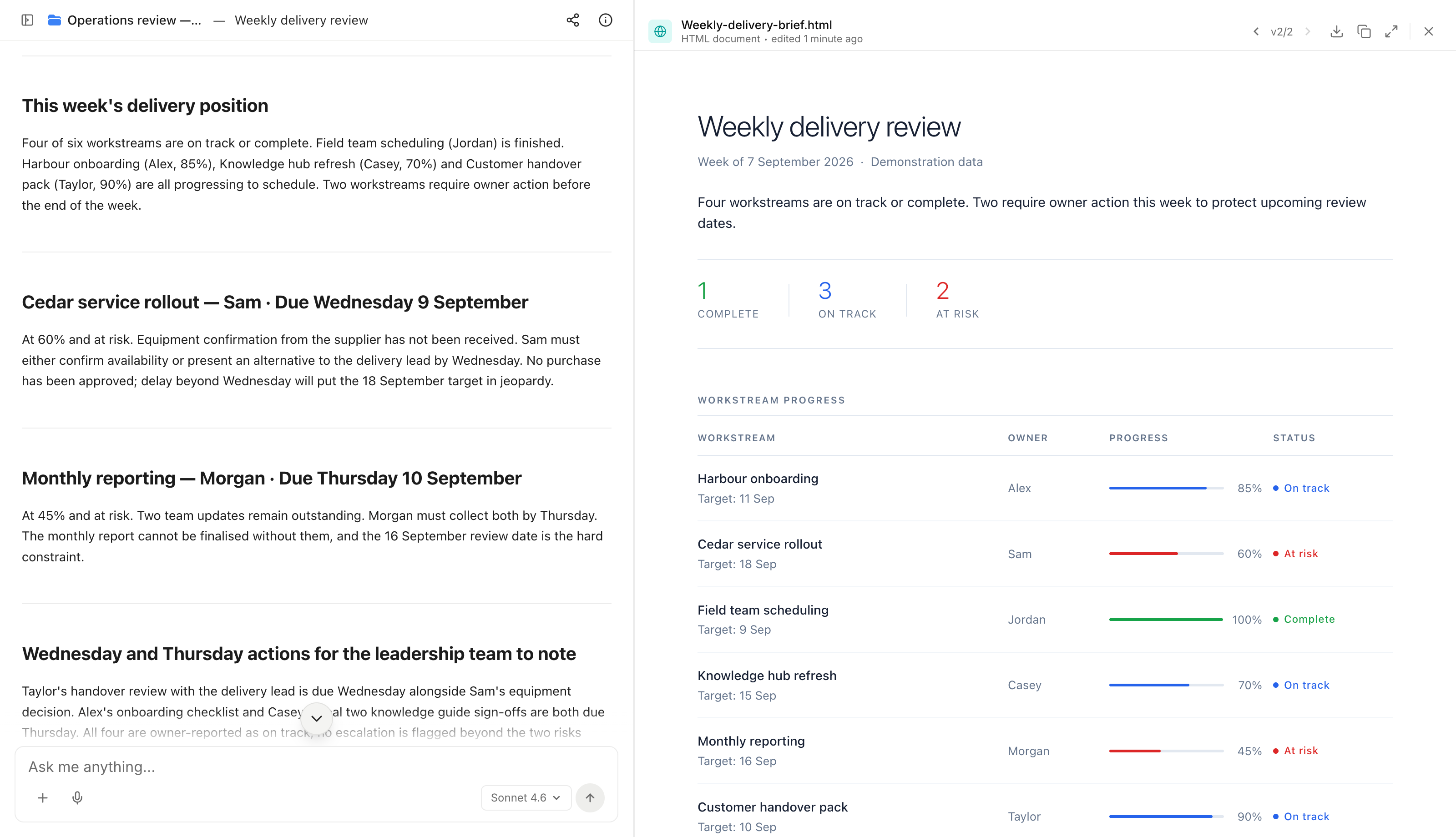 The Business AI workspace showing delivery priorities beside a clean, light weekly delivery report.