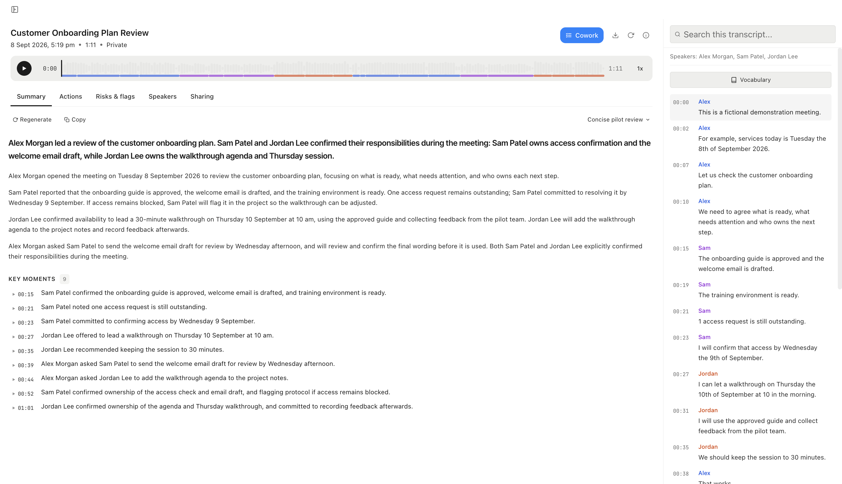 A fictional customer onboarding meeting in the AI platform, with named participants Alex Morgan, Sam Patel and Jordan Lee beside its summary and transcript.