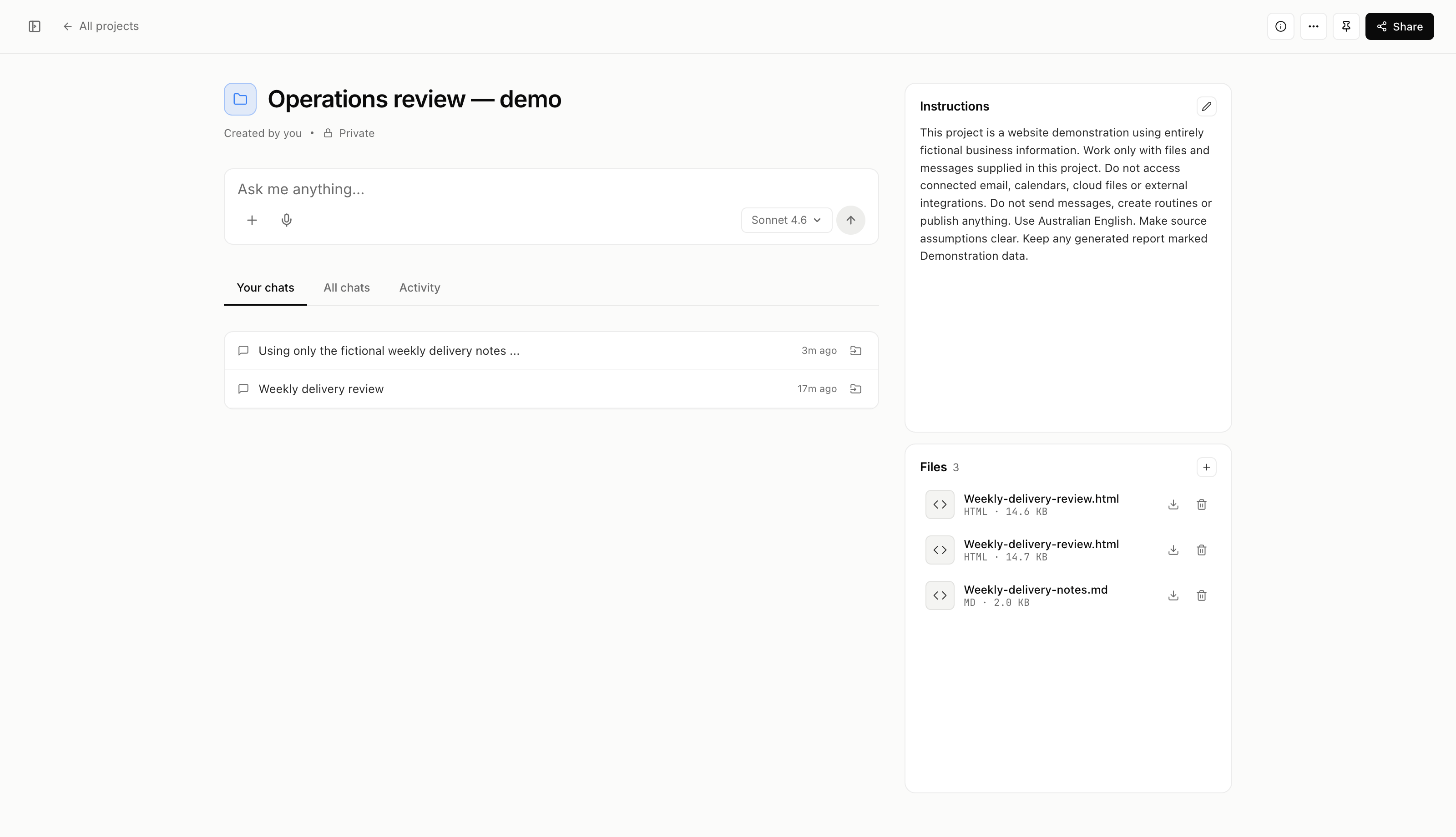 The demonstration project in the AI platform, showing its work and supporting files together.