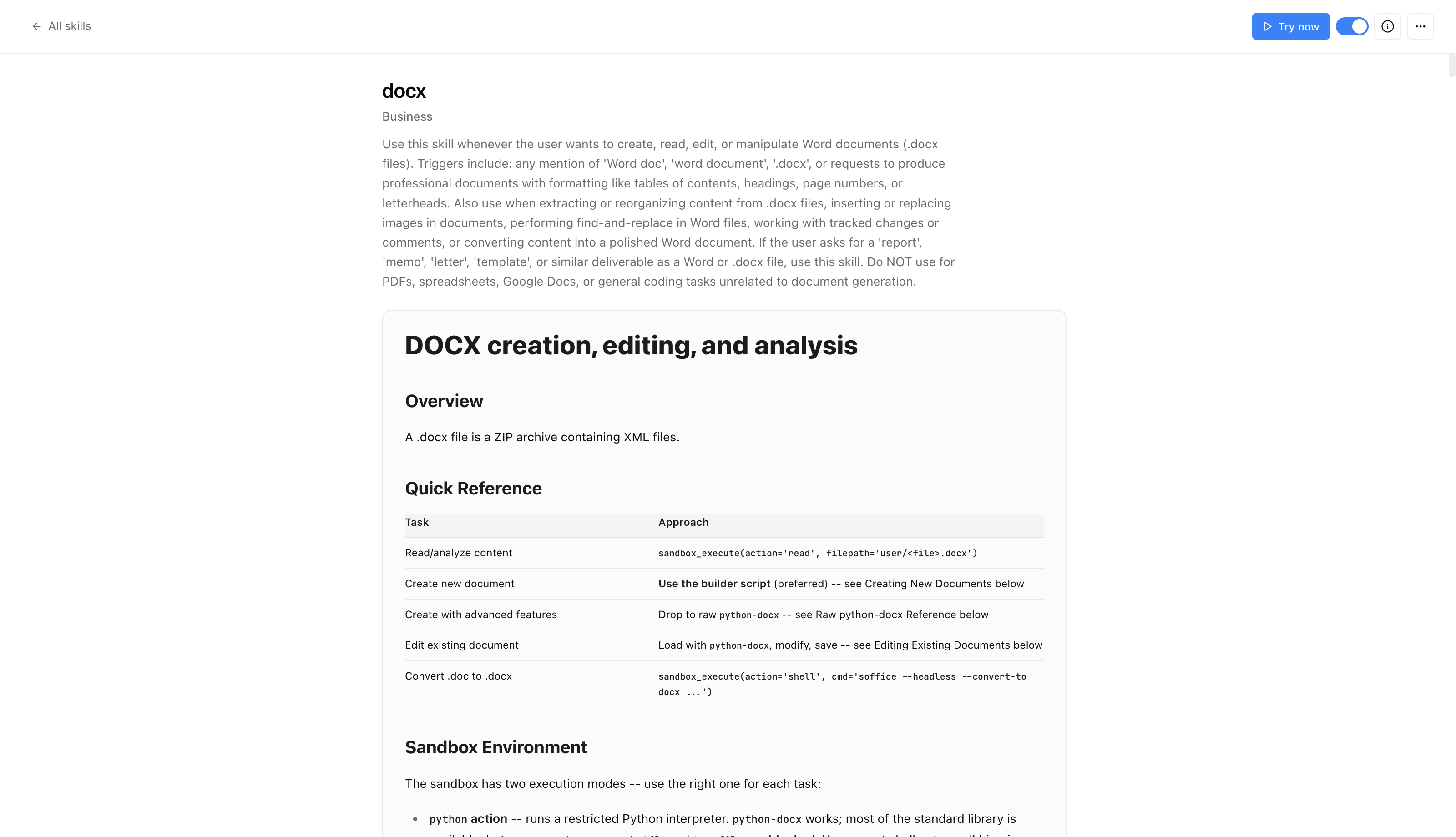 An opened document Skill in the actual Business AI app, showing its description, instructions and quick reference.